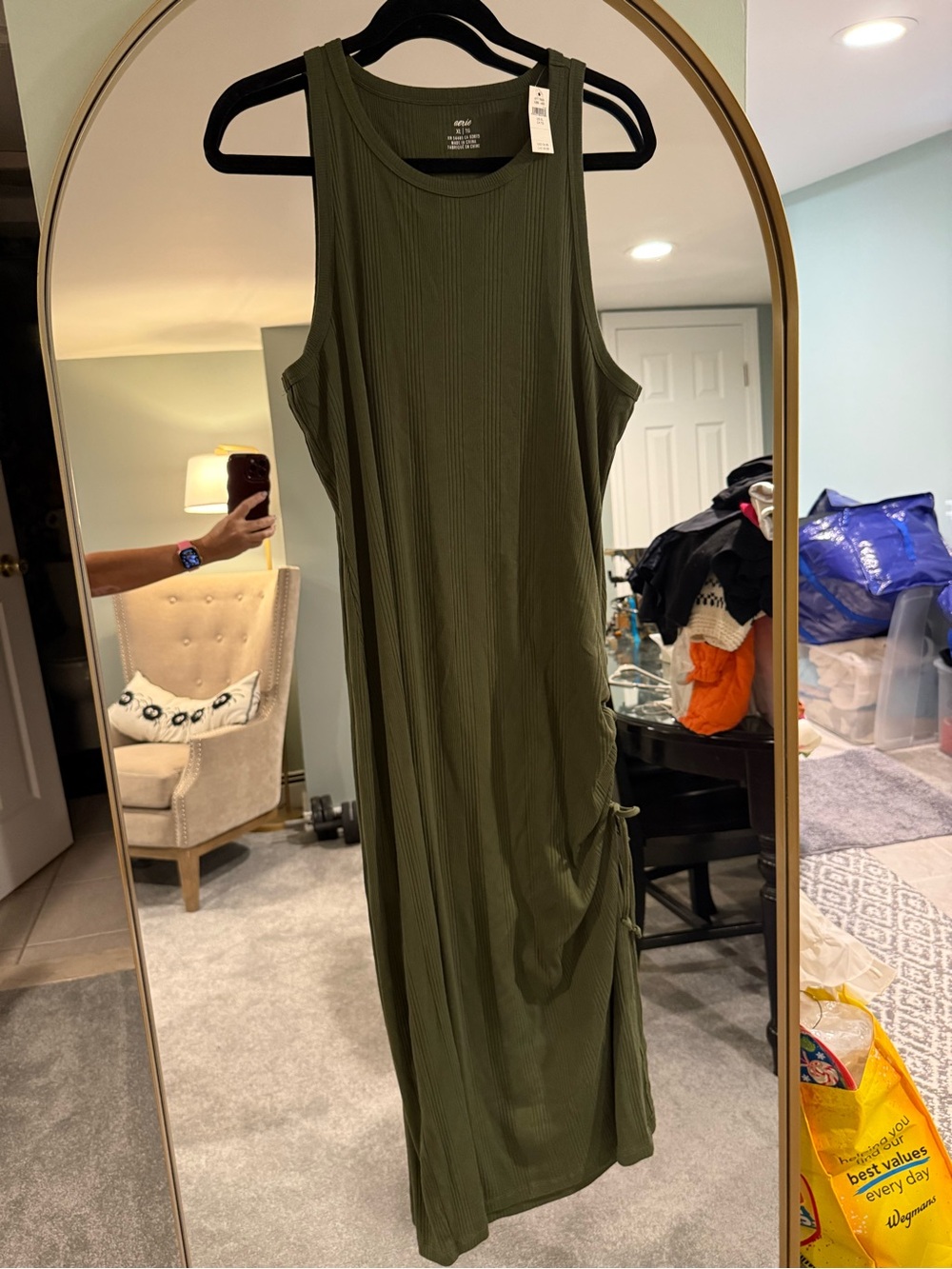 aerie Olive Green Ribbed Tank Maxi Dress with Side Ties